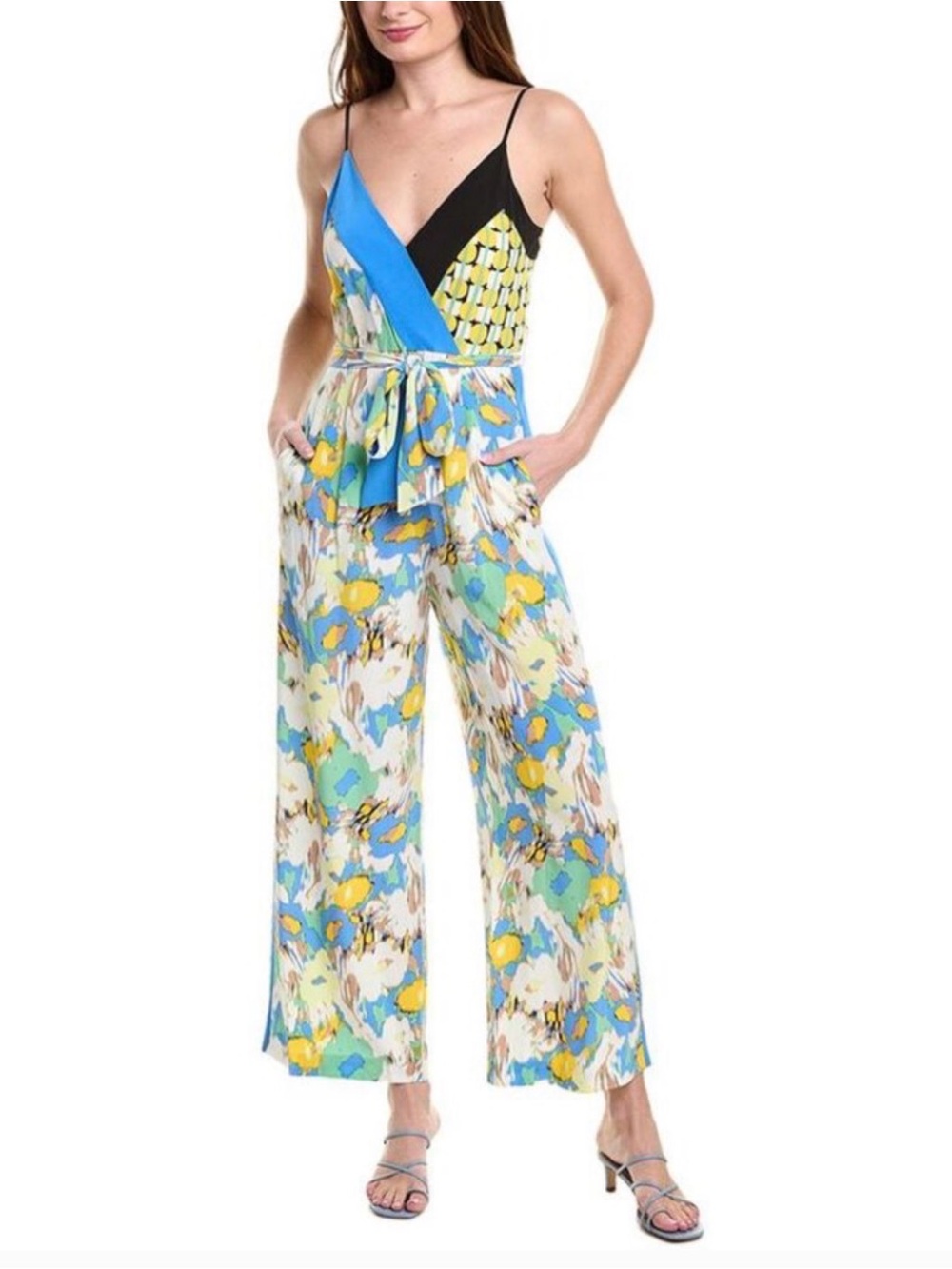 Diane Von Furstenberg Blue & Yellow Floral Wrap Jumpsuit